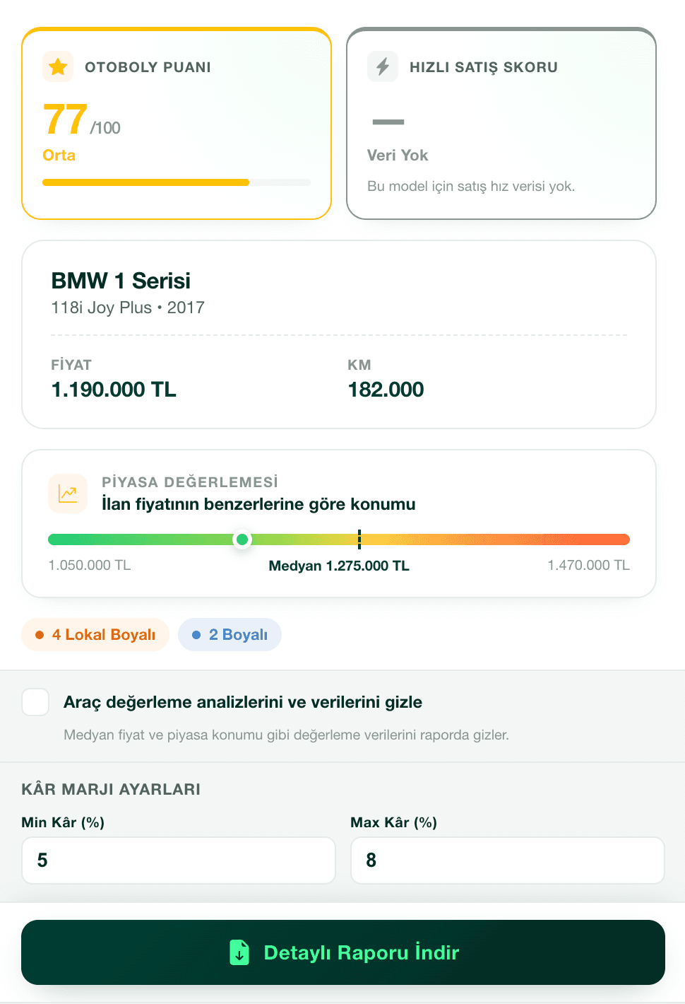 Otoboly İlan Raporlayıcı eklenti arayüzü — örnek al-sat raporu